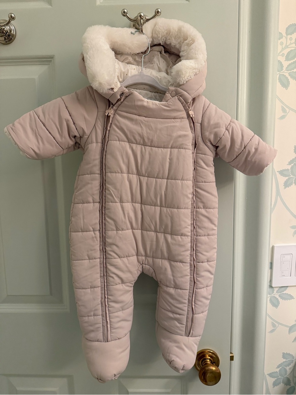 Jacadi Pale Blush Quilted Baby Footed Snowsuit with Faux-Fur Hood